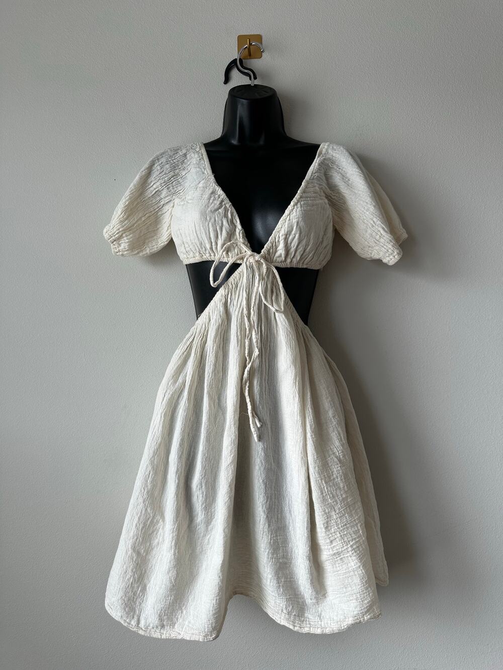 White Cotton Cutout  Dress Cottagecore Coastal Boho Made in Thailand Size S